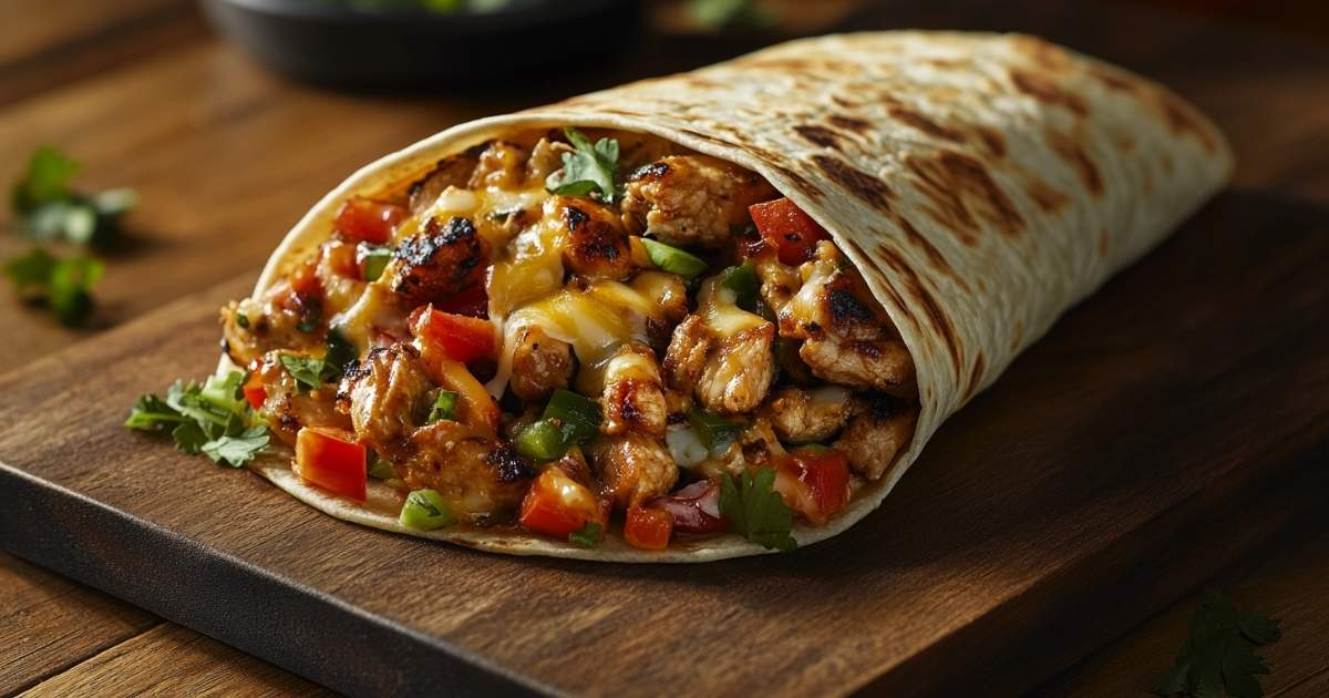 Close-up of Cheesy Garlic Chicken Wraps with melted cheese and vibrant vegetables