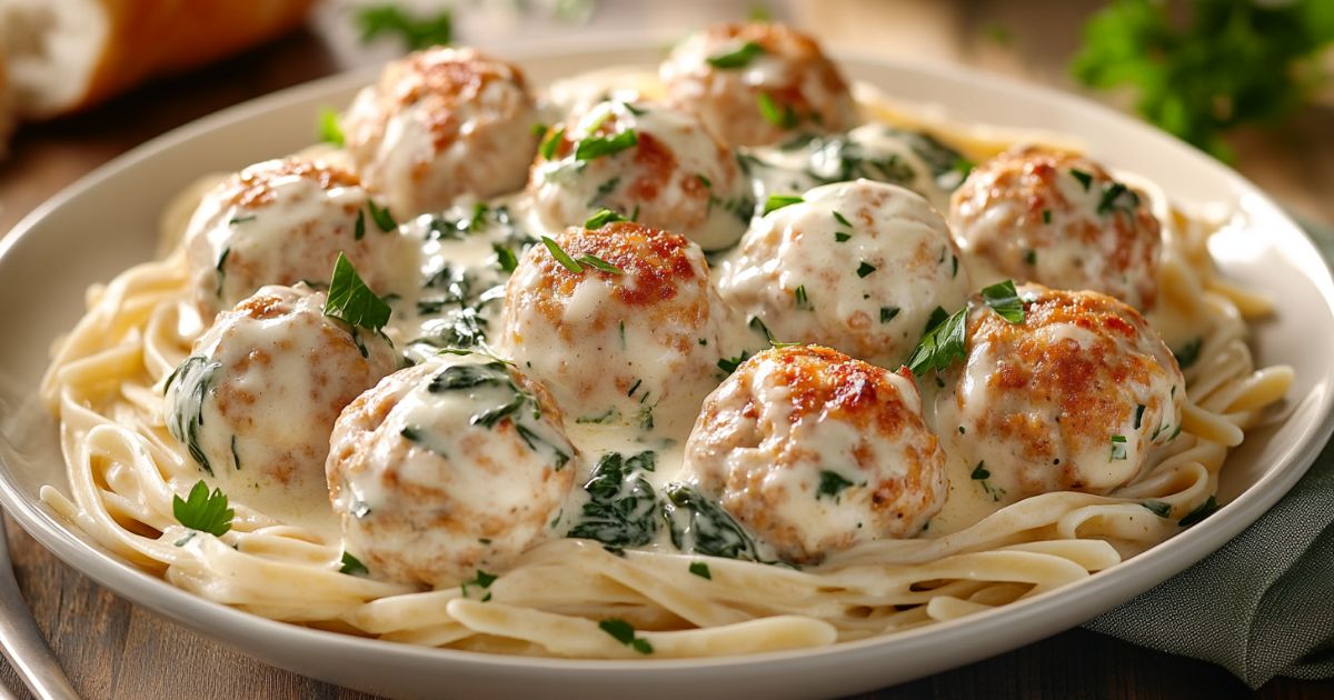 Chicken Ricotta Meatballs with Spinach Alfredo Sauce