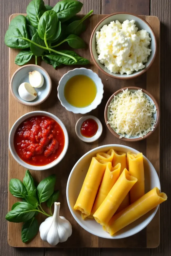 Fresh ingredients for Spinach and Ricotta Cannelloni, including pasta tubes, ricotta cheese, spinach, tomato sauce, garlic, olive oil, and parmesan cheese.