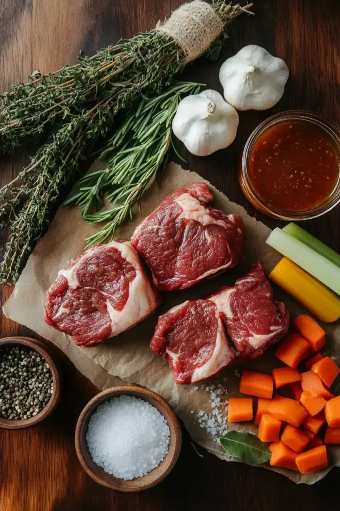 Fresh raw beef cheek meat with herbs, garlic, carrots, celery, salt, pepper, and marinade on a wooden surface, ready for slow cooking.