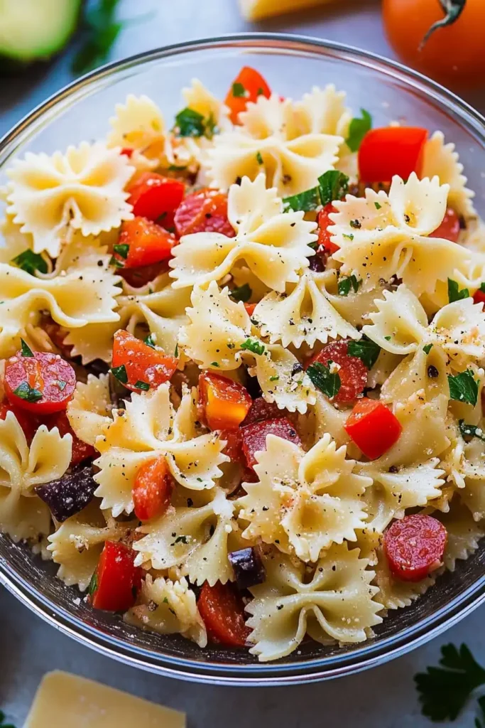 Fresh Bow Tie Pasta Salad with Cherry Tomatoes and Bell Peppers