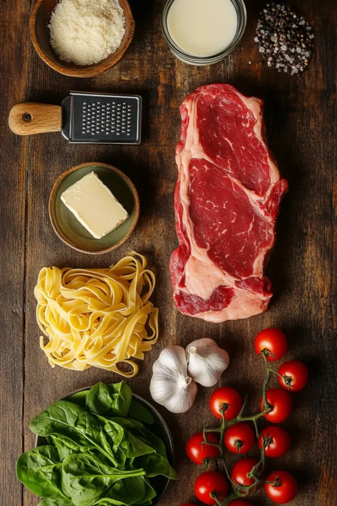 Fresh Ingredients for Creamy Steak Fettuccine Recipe