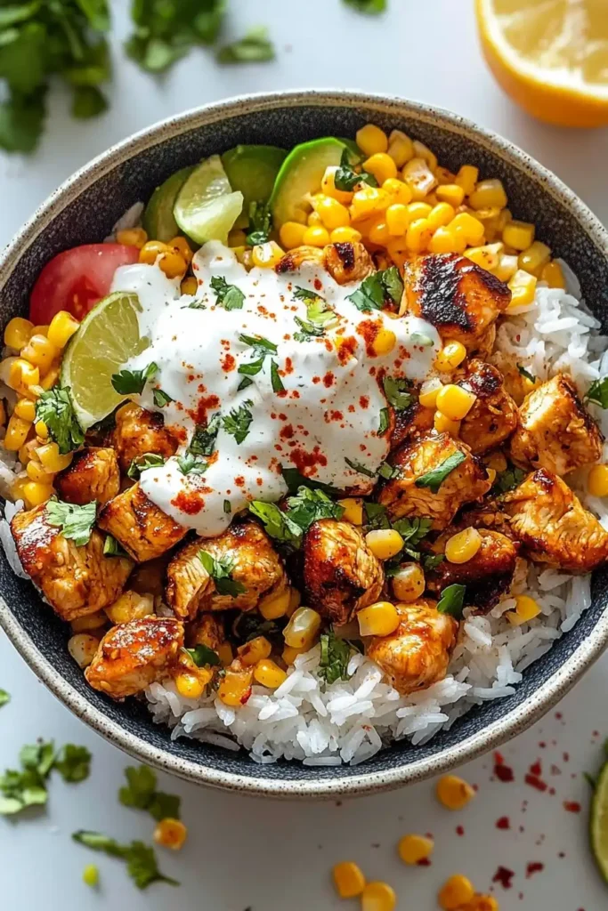 Mexican Street Corn Chicken Rice Bowl with Grilled Chicken and Creamy Sauce