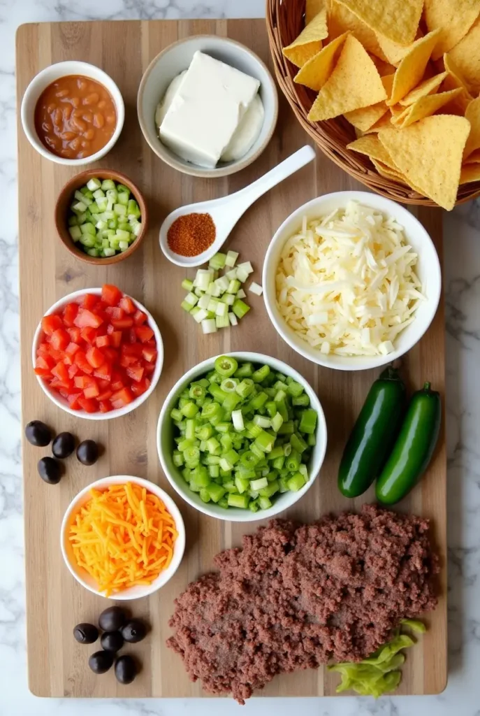 Fresh Ingredients for Taco Dip Recipe with Cheese, Ground Beef, and Vegetables